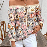 Blusa de vacaciones para mujer con hombros descubiertos, estampado de flores y patron de corte aleatorio