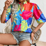 Camisa casual de vacaciones estampada tropical para mujer con escote dividido y mangas de linterna