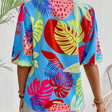 Camisa casual de vacaciones estampada tropical para mujer con escote dividido y mangas de linterna