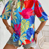 Camisa casual de vacaciones estampada tropical para mujer con escote dividido y mangas de linterna