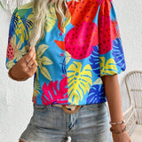 Camisa casual de vacaciones estampada tropical para mujer con escote dividido y mangas de linterna