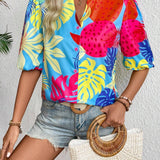 Camisa casual de vacaciones estampada tropical para mujer con escote dividido y mangas de linterna