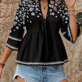 Blusa holgada con estampado floral, cuello en V, ajuste delantero y mangas acampanadas, para vacaciones de verano