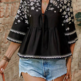 Blusa holgada con estampado floral, cuello en V, ajuste delantero y mangas acampanadas, para vacaciones de verano