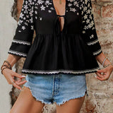 Blusa holgada con estampado floral, cuello en V, ajuste delantero y mangas acampanadas, para vacaciones de verano