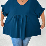 CURVE+ Camisa informal de verano para mujeres de a grande de color azul oscuro con mangas con volantes para el verano