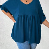 CURVE+ Camisa informal de verano para mujeres de a grande de color azul oscuro con mangas con volantes para el verano