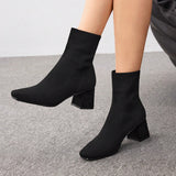 Botas de calcetín negras elegantes para mujer, botas de tacón grueso minimalistas con punta cuadrada para graduación, promoción, vacaciones de verano, venta de verano