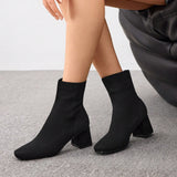 Botas de calcetín negras elegantes para mujer, botas de tacón grueso minimalistas con punta cuadrada para graduación, promoción, vacaciones de verano, venta de verano