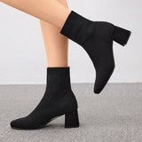 Botas de calcetín negras elegantes para mujer, botas de tacón grueso minimalistas con punta cuadrada para graduación, promoción, vacaciones de verano, venta de verano