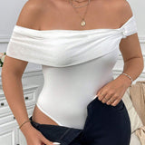 Body de malla con hombros descubiertos y perlas blanco para mujer a grande, elegante y equisito body con hombros descubiertos y tela de red entrelazada