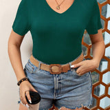 Camiseta basica casual de verano con cuello en V, plisada en los laterales, para as grandes