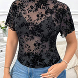 Blusa transparente de manga corta con estampado de flocado para mujer de a grande, camiseta interior negra