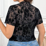 Blusa transparente de manga corta con estampado de flocado para mujer de a grande, camiseta interior negra