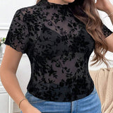 Blusa transparente de manga corta con estampado de flocado para mujer de a grande, camiseta interior negra