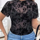 Blusa transparente de manga corta con estampado de flocado para mujer de a grande, camiseta interior negra