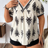 Frenchy Blusa floral de verano con cuello en V suelto y mangas cortas para mujeres de a grande en vacaciones