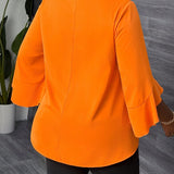 Blusa de a grande para mujer, elegante, de color naranja solido, cuello redondo, manga 3/4 con volantes asimetricos y bajo asimetrico