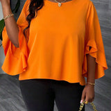 Blusa de a grande para mujer, elegante, de color naranja solido, cuello redondo, manga 3/4 con volantes asimetricos y bajo asimetrico