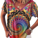 Camiseta de flores en estilo tie-dye de a grande con estilo-Blusa casual y coa de cuello en V de primavera y verano-Estilo de manga corta que favorece-Perfecto para ropa de mujer de a grande, a de curvas