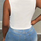 Top de Tanque Blanco Casual para Mujeres que se combina con todo con Escote en pico pronunciado y rayas verticales seys, ideal para festivales de musica, as grandes