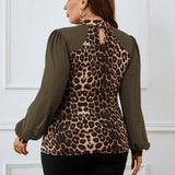 Blusa suelta de a de manga farol con cuello mao y estampado de leopardo para mujer a grande primavera y verano