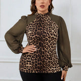 Blusa suelta de a de manga farol con cuello mao y estampado de leopardo para mujer a grande primavera y verano