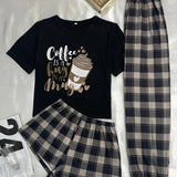 1 con estampado de slogan Camiseta & 1 con estampado de guingan Pantalones & 1 Shorts Conjunto de pijama