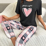 con estampado de corazón y letra Camiseta & con estampado de cuadros Pantalones Conjunto de pijama