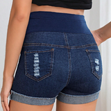 Maternidad Shorts en De Jean de cintura ajustable desgarro bajo de doblez