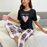 con estampado de corazón y letra Camiseta & con estampado de cuadros Pantalones Conjunto de pijama
