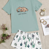 Conjunto de pijama Camiseta con estampado de perezoso con letra & Shorts