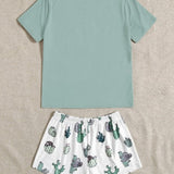 Conjunto de pijama Camiseta con estampado de perezoso con letra & Shorts