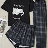 con estampado de gato y slogan Camiseta & de cuadros Shorts & Pantalones Conjunto de pijama