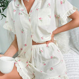 Conjunto de pijama con estampado floral ribete con fruncido
