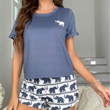 Conjunto de pijama shorts con camiseta con estampado de elefante de manga con volante