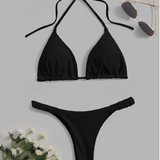 Swim Conjunto de bikini unicolor Sujetador triángulo halter & Tanga Traje de baño de 2 piezas