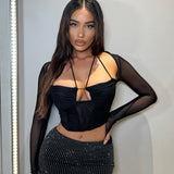 Camisa Top Melanie Mesh Corset - Negro
