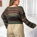 Jersey de color combinado de hombros caídos con nudo delantero tejido abierto sin sujetador
