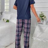Camiseta unicolor & con estampado de cuadros Pantalones Conjunto de pijama