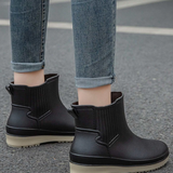 Botas negras con banda elástica en contraste con detalle de puntada para mujer, botas de lluvia con punta redonda para uso diario
