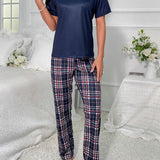 Camiseta unicolor & con estampado de cuadros Pantalones Conjunto de pijama