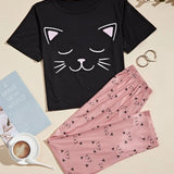 Conjunto de pijama con estampado de gato de dibujos animados