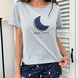 Conjunto de pijama Camiseta con estampado de luna y slogan & Shorts con lazo delantero