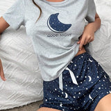 Conjunto de pijama Camiseta con estampado de luna y slogan & Shorts con lazo delantero