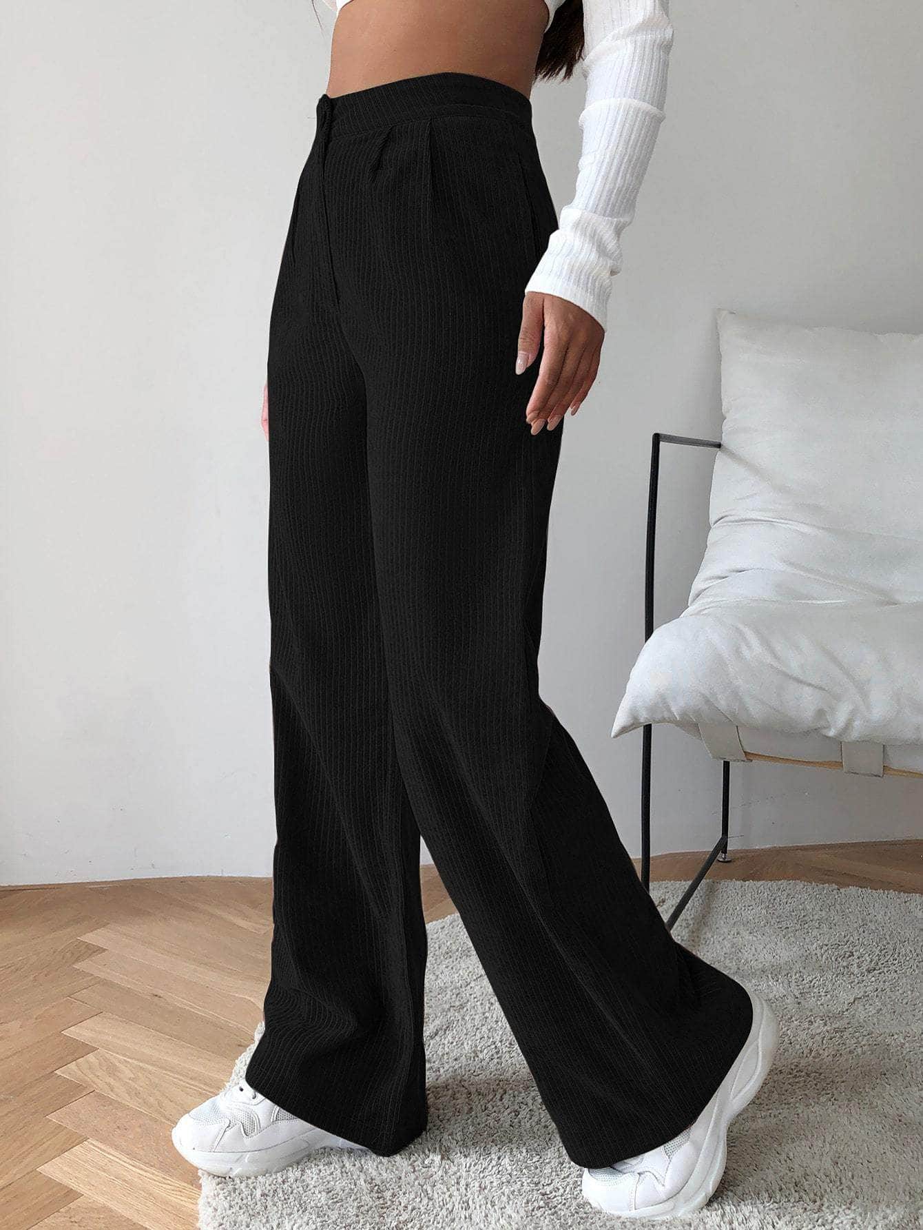 Muybonita.co Mujer/Pantalones/pantaloneselegantes3 Negro / M Pantalones de pierna ancha de cable de cintura alta