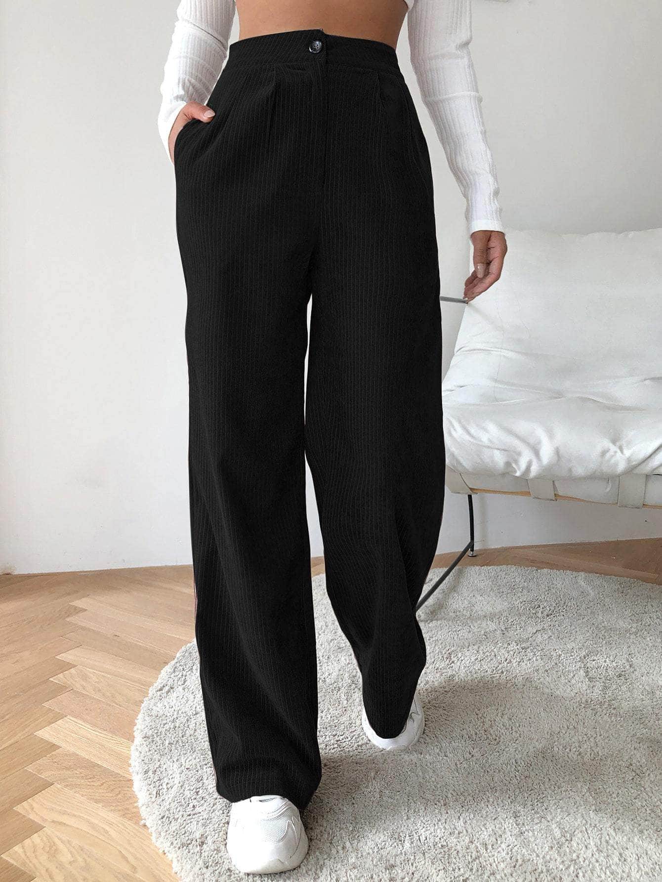 Muybonita.co Mujer/Pantalones/pantaloneselegantes3 Negro / S Pantalones de pierna ancha de cable de cintura alta