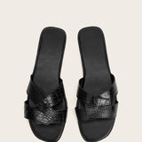 Zapatillas planos del modelo del cocodrilo, sandalias romanas planas de las mujeres elegantes negras del modelo del cocodrilo