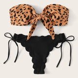 Set de bikini Brasier sin tirantes con nudo delantero de leopardo