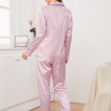 Conjunto de pijama de saten de rayas con boton